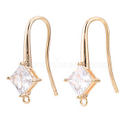 Brass Earring Hook, Ear Wire, with Vertical Loop, Cubic Zirconia, Clear, Nickel Free, Real 18K Gold Plated, 24x9mm, Hole: 1.2mm, 18 Gauge, Pin: 1mm(ZIRC-Q019-002G)