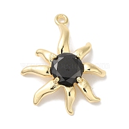 Brass Micro With Glass Pendants, Real 18K Gold Plated, Flower, Black, 23x18x4mm, Hole: 1.2mm(KK-U013-05G)