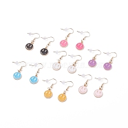 Flat Round with Smiling Face Enamel Dangle Earrings, Brass Drop Earrings for Women, Mixed Color, 34mm, Pin: 0.7mm(EJEW-JE04860)