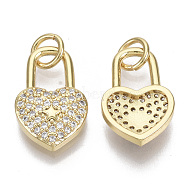Brass Micro Pave Cubic Zirconia Pendants, with Jump Rings, Nickel Free, Heart Lock, Clear, Real 16K Gold Plated, 15x9.5x3mm, Hole: 3mm(ZIRC-S067-014-NF)