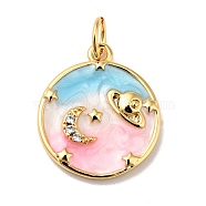 Rack Plating Brass Micro Pave Cubic Zirconia Pendants, with Enamel and Jump Ring, Cadmium Free & Nickel Free & Lead Free, Real 18K Gold Plated, Flat Round with Moon & Planet, Pink, 16.5x14x2.5mm, Hole: 3.4mm(X-KK-H431-09G-B)