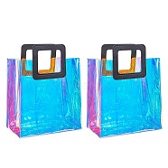 PVC Laser Transparent Bag, Tote Bag, with PU Leather Handles, for Gift or Present Packaging, Rectangle, Black, Finished Product: 32x25x15cm(ABAG-SZ0001-05B-02)