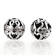 925 Sterling Silver Beads, Hollow Round Ball, Antique Silver, 8.5x8mm, Hole: 1mm(STER-T007-62AS)