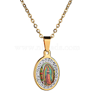 Resin Oval with Virgin Pendant Necklace with Rhinestone, Titanium Steel Necklaces, Golden, 19.69 inch(50cm)(WG72690-02)