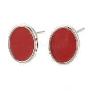 Brass Stud Earring Findings, with Enamel and Loop, Oval, Nickel Free, Real Platinum Plated, Red, 10x8mm, Hole: 1.2mm, Pin: 0.7mm(KK-S345-269B-P)