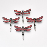 Freshwater Shell Brooches/Pendants, with Alloy Findings and Resin Bottom, Rhinestone, Dyed, Dragonfly, Antique Silver, Red, 53x62x10mm, Hole: 5x4mm, Pin: 0.7mm(SHEL-S275-39E)