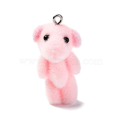 Flocky Resin Pendants, With Paltinum Iron Loop, Bear, Pink, 37x18.5x16mm, Hole: 2mm(RESI-Q011-02B)