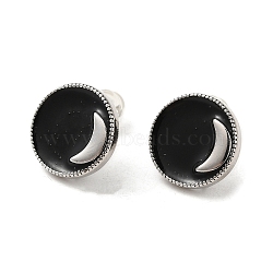 Real 18K Gold Plated Brass Stud Earring Findings, with Loop, Enamel and Ear Nuts, Flat Round with Moon, Black, 14mm, Hole: 1mm, Pin: 0.7mm(KK-L180-119B-P)