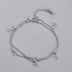 Brass Multi-Strand Anklets, with Ball Chains, Round Beads and Bell Charm, Star, Platinum, 8-1/2 inch(21.7cm)(AJEW-B005-25P)