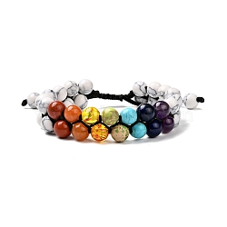 Round Synthetic Howlite & Mixed Stone Braided Bead Bracelet for Girl Wome, Reiki Healing 7 Chakra 3 Layer Bracelet, Colorful, Inner Diameter: 2-1/8~2-7/8 inch(5.3~7.3cm)(X1-BJEW-JB06961-02)