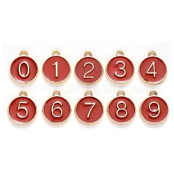 Light Gold Plated Alloy Enamel Charms, Enamelled Sequins, Flat Round with Number, Number 0~9, Dark Red, 14.5x12x2.5mm, Hole: 1.4mm, 10pcs/set(ENAM-T010-03G)