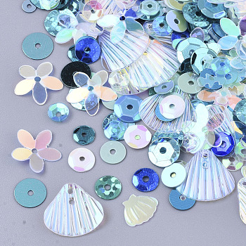 Ornament Accessories, PVC Plastic Paillette/Sequins Beads, Mixed Shapes, Medium Turquoise, 4~11x4~12x0.4~1.5mm, Hole: 0.9~1.4mm