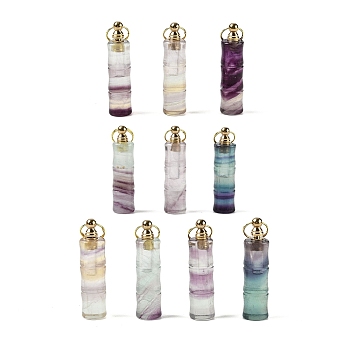 Natural Fluorite Perfume Bottle Pendants, Bamboo Stick Shaped Bottle Charms with Golden Tone Brass Findings and Jump Rings, 47x12x11.5mm, Hole: 10.5mm