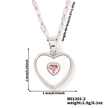 Chic Heart-shaped Brass Clear Cubic Zirconia Pendant Dapped Chain Necklace for Women, Platinum, Pink, 15.75 inch(40cm)