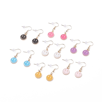 Flat Round with Smiling Face Enamel Dangle Earrings, Brass Drop Earrings for Women, Mixed Color, 34mm, Pin: 0.7mm