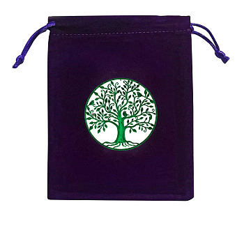 Rectangle Velvet Jewelry Storage Pouches, Tree of Life Printed Drawstring Bags, Lime Green, 15x12cm