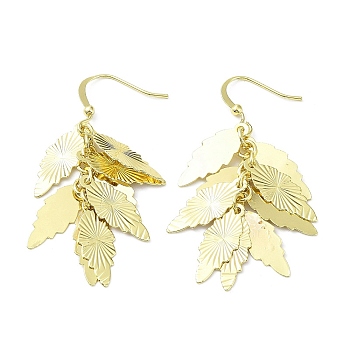 Rack Plating Brass Leaf Dnagle Earrings, Cluster Earrings, Long-Lasting Plated, Real 18K Gold Plated, 50x10mm