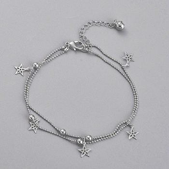 Brass Multi-Strand Anklets, with Ball Chains, Round Beads and Bell Charm, Star, Platinum, 8-1/2 inch(21.7cm)