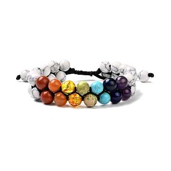 Round Synthetic Howlite & Mixed Stone Braided Bead Bracelet for Girl Wome, Reiki Healing 7 Chakra 3 Layer Bracelet, Colorful, Inner Diameter: 2-1/8~2-7/8 inch(5.3~7.3cm)