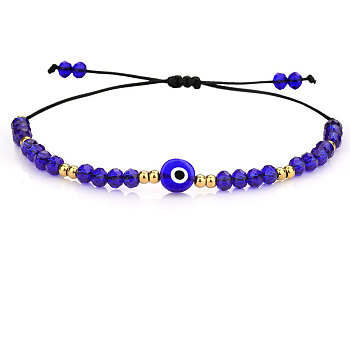 Adjustable Glass Evil Eye Brided Bead Bracelet, Blue, 