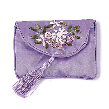 Embroidery Cloth Zip Pouches, with Tassels and Stainless Steel Snap Button, Rectangle, Medium Purple, 12x8.5cm