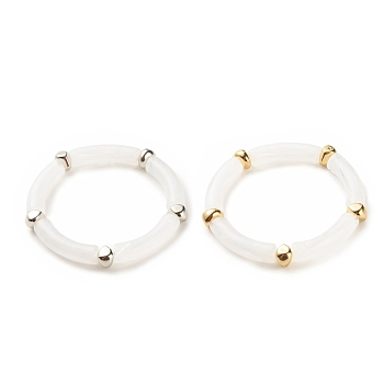 2Pcs 2 Color White Acrylic Curved Tube Chunky Stretch Bracelets Set with CCB Plastic for Women, Platinum & Golden, Inner Diameter: 2 inch(5.1cm), 1Pc/color