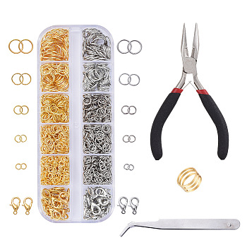 DIY Jewelry Set, with Iron and Brass Jump Rings, Zinc Alloy Lobster Claw Clasps, Stainless Steel Beading Tweezers, Carbon Steel Pliers and Brass Assistant Tool, Platinum & Golden, 130x50x15mm
