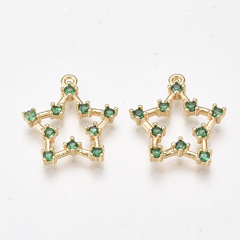 Brass Cubic Zirconia Pendants, Nickel Free, Real 18K Gold Plated, Star, Green, 18x16.5x2.5mm, Hole: 1mm
