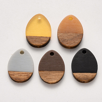 Resin & Walnut Wood Pendants, Waxed, Teardrop, Mixed Color, 17.5x13x3mm, Hole: 2mm