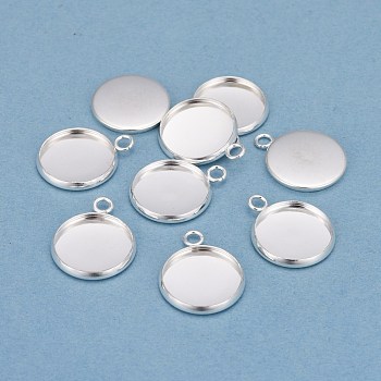 304 Stainless Steel Pendant Cabochon Settings, Plain Edge Bezel Cups, Flat Round, Silver, Tray: 14mm, 20x16x2mm, Hole: 2.2mm