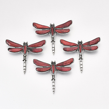 Freshwater Shell Brooches/Pendants, with Alloy Findings and Resin Bottom, Rhinestone, Dyed, Dragonfly, Antique Silver, Red, 53x62x10mm, Hole: 5x4mm, Pin: 0.7mm