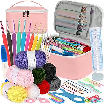 DIY Knitting Tool Kit, Including Winder Boards, 8 Colors Yarns, Needles, Stitch Markers, Ruler, Scissors, Pompoms, Measure Tape Crochet Hooks, Mixed Color, 125~140mm