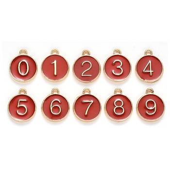 Light Gold Plated Alloy Enamel Charms, Enamelled Sequins, Flat Round with Number, Number 0~9, Dark Red, 14.5x12x2.5mm, Hole: 1.4mm, 10pcs/set