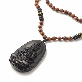Om Mani Padme Hum Buddhist Necklace, Natural Obsidian Large Cameo Buddha Pendants Necklace, Natural Obsidian & Coconut Shell & Wood Beads Necklace for Women, Coconut Brown, 34.25 inch(87cm)