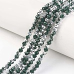 Electroplate Opaque Glass Beads Strands, Half Silver Plated, Faceted, Rondelle, Dark Green, 4x3mm, Hole: 0.4mm, about 105~110pcs/strand, 38~39cm(X-EGLA-A034-P4mm-M04)