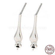 Rhodium Plated Teardrop 925 Sterling Silver Stud Earring Findings, for Half Drilled Beads, with S925 Stamp, Real Platinum Plated, 18x3.5mm, Pin: 10x0.7mm and 0.7mm(STER-Q192-20P)