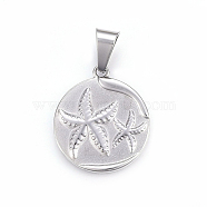304 Stainless Steel Pendants, Flat Round with Starfish/Sea Stars, Stainless Steel Color, 28x25x3mm, Hole: 10x6mm(STAS-P211-16P)