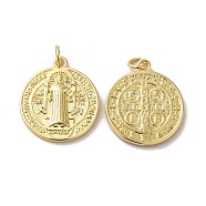 Eco-Friendly Rack Plating Brass Pendants, Long-Lasting Plated, Lead Free & Cadmium Free, Flat Round with Cssml Ndsmd Cross God Father Religious Christianity, Real 18K Gold Plated, 23x20x2mm, Hole: 3mm(KK-F853-10G)