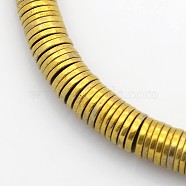 Electroplate Non-magnetic Synthetic Hematite Beads Strands, Heishi Beads, Flat Round/Disc, Golden Plated, 6x1mm, Hole: 1mm, about 378~389pcs/strand, 15.7 inch(X-G-J216E-06)