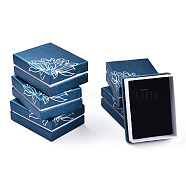 Cardboard Jewelry Set Boxes, Flower Printed Outside and Black Sponge Inside, Rectangle, Marine Blue, 9.1x6.9x3.5cm(CBOX-T005-02C)