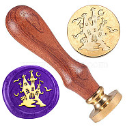 Golden Tone Brass Wax Seal Stamp Head with Wooden Handle, for Halloween Envelopes Invitations, Gift Card, House, 83x22mm, Stamps: 25x14.5mm(AJEW-WH0208-826)