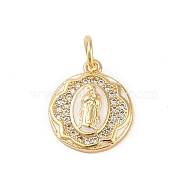 Brass Micro Pave Clear Cubic Zirconia Pendants, with Enamel and Jump Ring, Real 18K Gold Plated, Flat Round, 13.5x11.5x2.5mm, Hole: 3mm(KK-E111-31F-G)