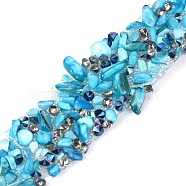 Hotfix Rhinestone, with Shell Beads and Rhinestone Trimming, Crystal Glass Sewing Trim Rhinestone Tape, Costume Accessories, Sky Blue, 20mm(DIY-B011-02A-01)