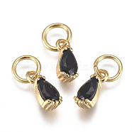 Brass Micro Pave Cubic Zirconia Charms, with Jump Ring, Long-Lasting Plated, Real 18K Gold Plated, Faceted, Teardrop, Black, 8x3x3mm, Hole: 3mm(ZIRC-F111-04G-05)