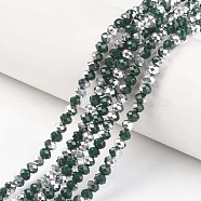 Electroplate Opaque Glass Beads Strands, Half Silver Plated, Faceted, Rondelle, Dark Green, 4x3mm, Hole: 0.4mm, about 145pcs/strand, 18.9 inch(48cm)(X-EGLA-A034-P4mm-M04)