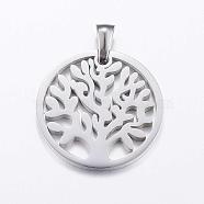 304 Stainless Steel Pendants, Flat Round with Tree of Life, Stainless Steel Color, 25x2mm, Hole: 3.5x5.5mm(STAS-K147-03P)