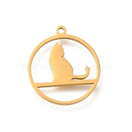 304 Stainless Steel Pendants, Laser Cut, Ring with Cat Charm, Real 18K Gold Plated, 17.5x15.5x1mm, Hole: 1.2mm(STAS-S144-04C)