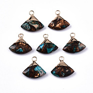 Fan Assembled Synthetic Bronzite and Regalite/Imperial Jasper Pendants, with Iron Loop and Light Gold Plated Brass Top, Dyed, Deep Sky Blue, 18~19x18~19x5~6mm, Hole: 2mm(G-N330-024-D06)