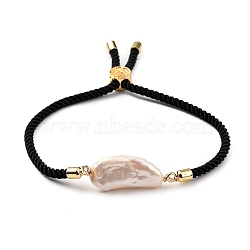 Adjustable Nylon Twisted Cord Slider Bracelets, Link Bracelets, with Natural Baroque Pearl Keshi Pearl Beads and Tree of Life Brass Beads, Black, Inner Diameter: 2-1/2 inch(6.5cm)(BJEW-JB05322-02)