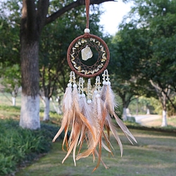 Natural Citrine Chips Woven Net/Web with Feather Pendant Decoration, Iron Ring Hanging Ornament, 400x70mm(WICH-PW0001-39C)